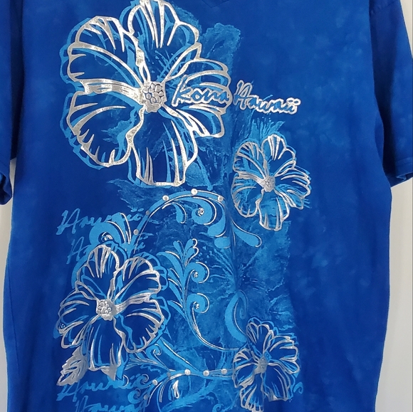 GUAVA BEACH Women M Kona Hawaii Royal Blue Silver Floral Tie Dye T Shirt SS EUC - Picture 9 of 11
